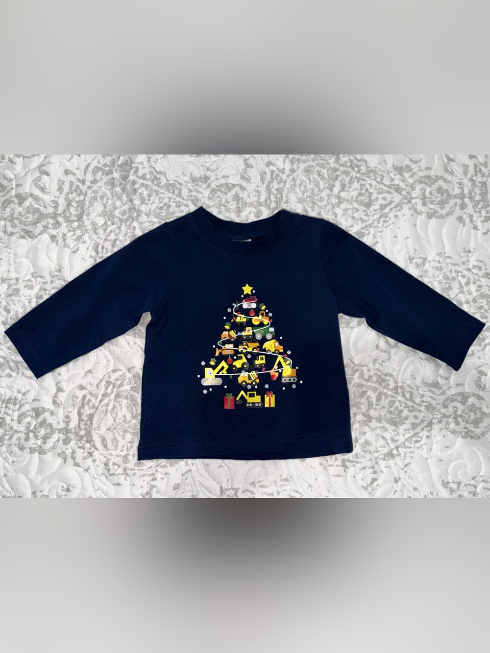 Navy Toddler Tee with Construction Vehicle Christmas Tree